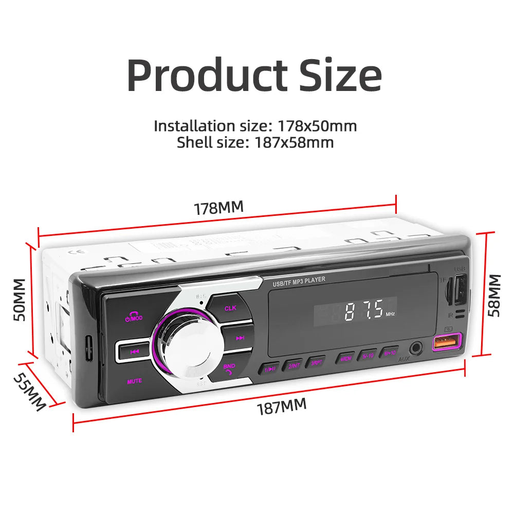 Autoradio MP3 Bluetooth MOPECT 1DIN – FM, USB, TF et AUX avec éclairage 7 couleurs