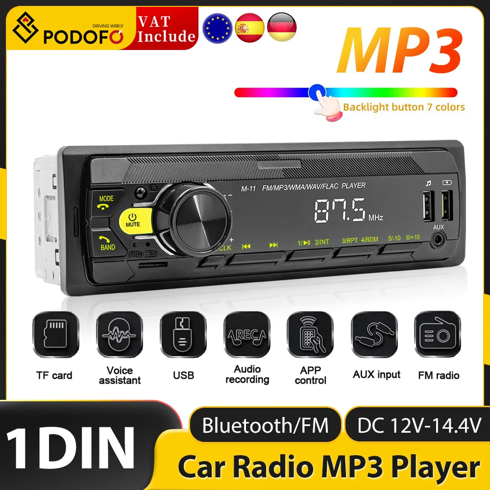 Podofo 1DIN Bluetooth Autoradio MP3 Speler – FM Radio, USB, AUX & TF Kaart met Afstandsbediening