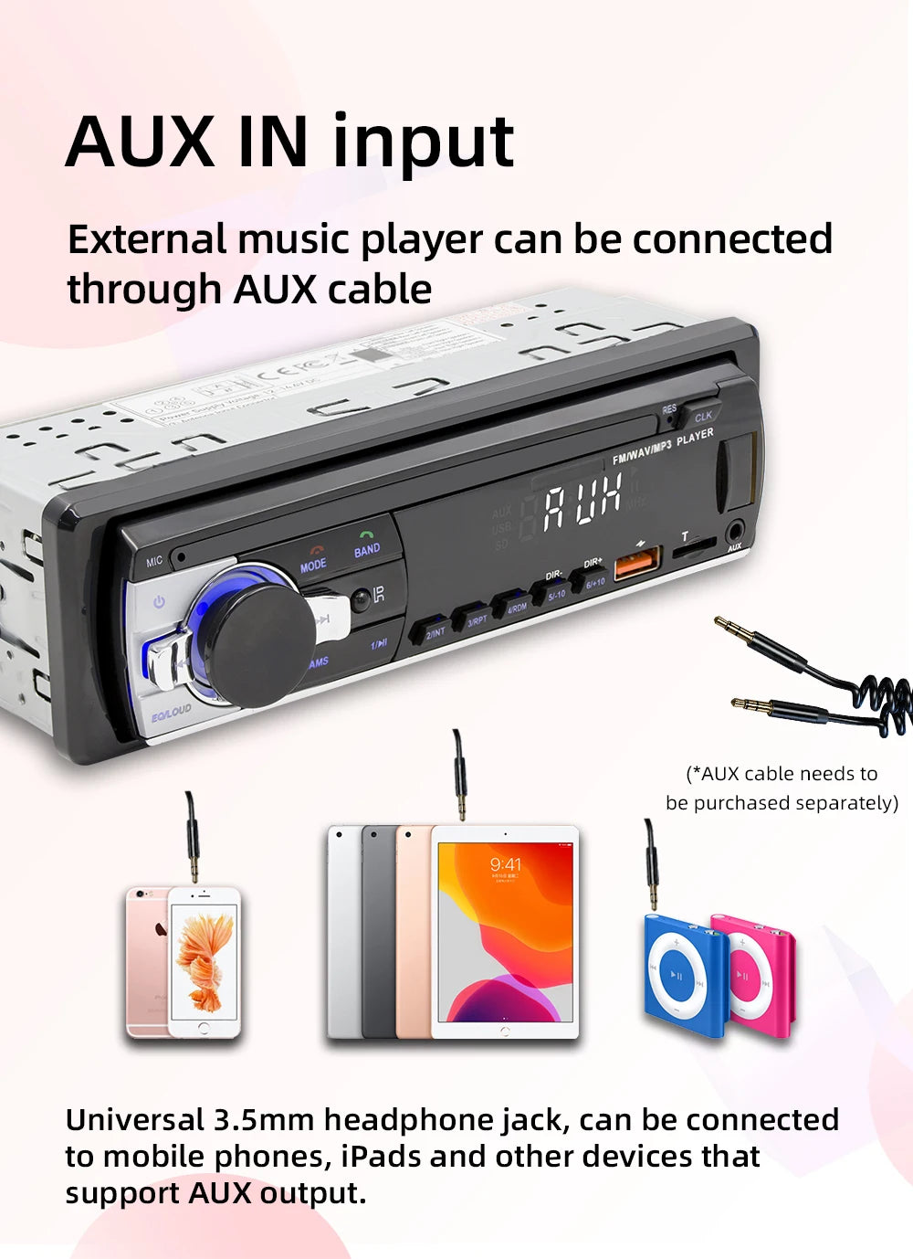 Autoradio stéréo Bluetooth BQCC 60 W x4 – Lecteur MP3 avec radio FM, USB et carte SD