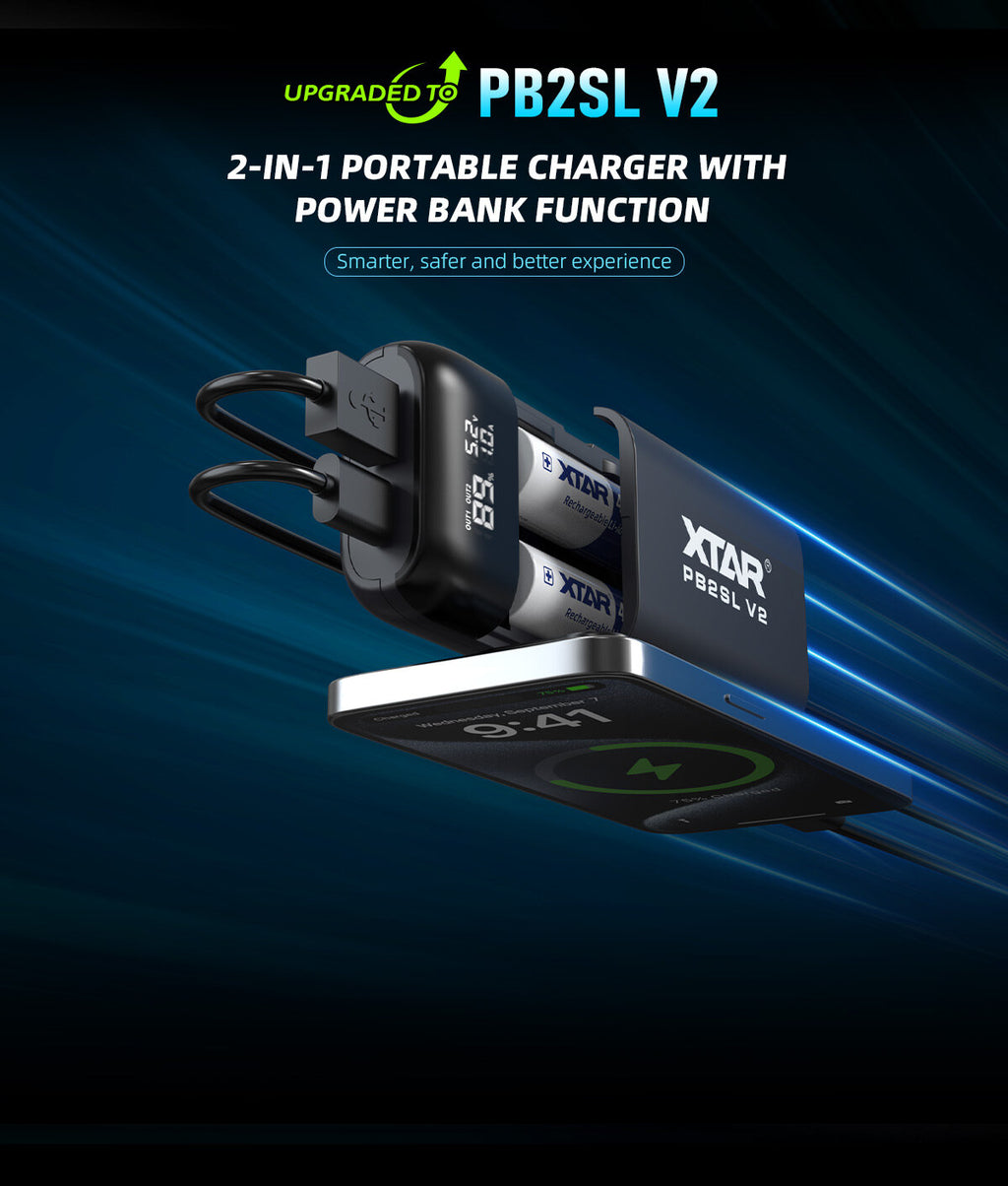 XTAR PB2SL V2 – Chargeur et batterie externe pour batteries Li-ion (18650 / 20700 / 21700) – Noir